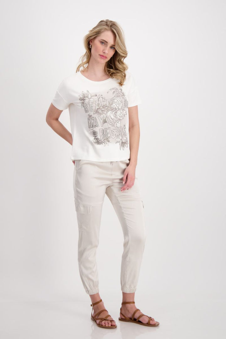 Tiger Print Rhinestone T-Shirt in Off White by Monari in 36 / Off White