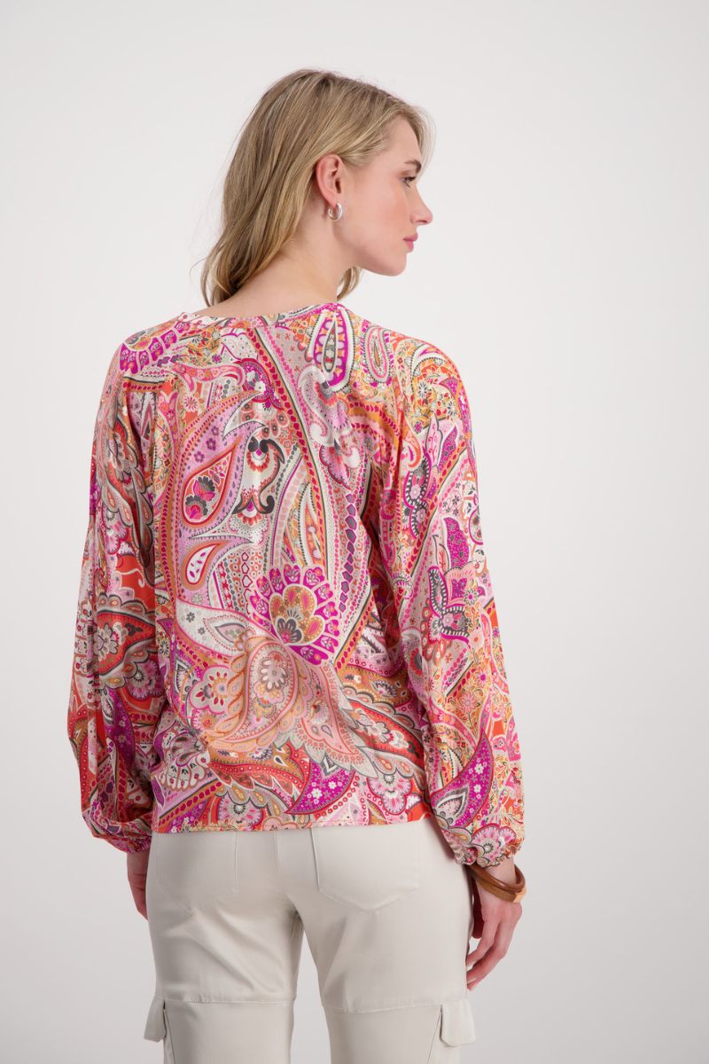 Woman wearing Monari 408789MNR Orange Paisley Blouse back view