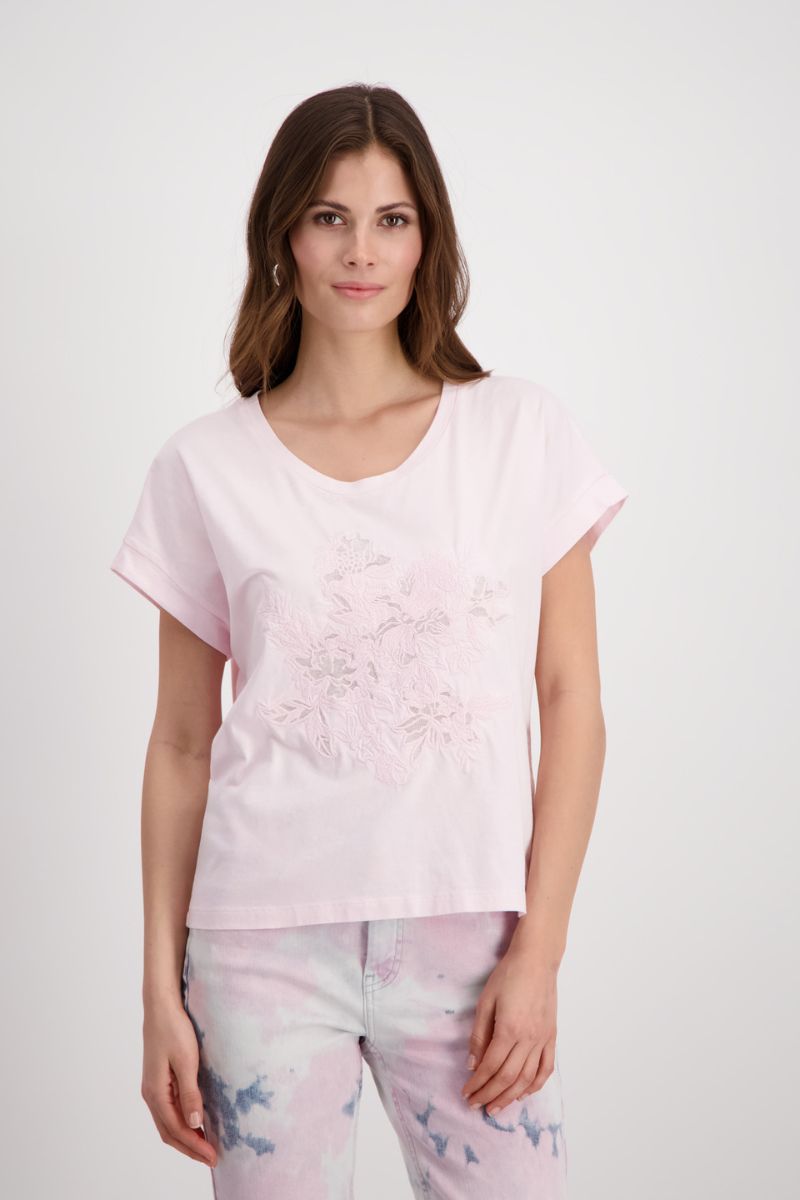 Floral Embroidered T-Shirt in Flamingo Pink by Monari