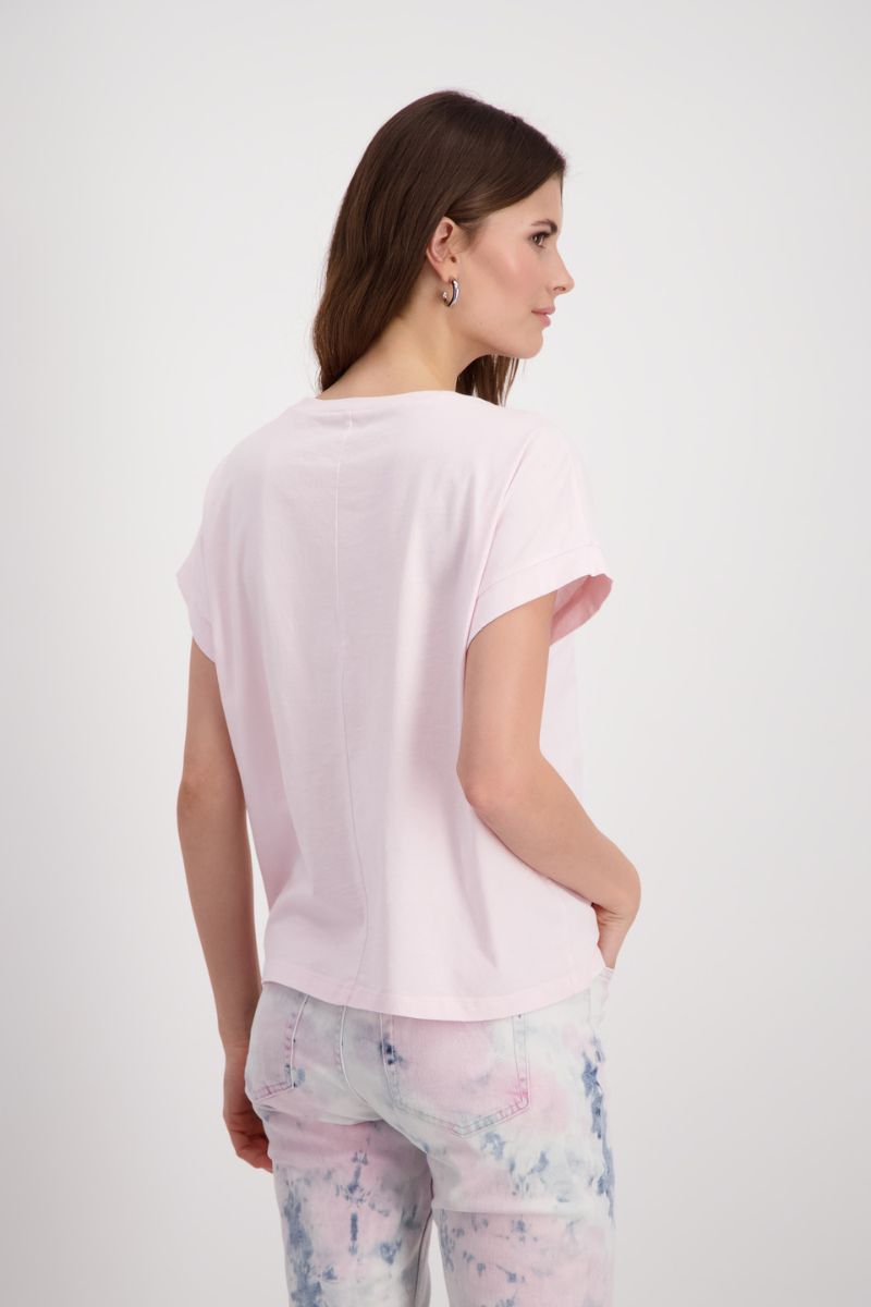 Woman wearing Monari 408833 Flamingo Floral Embroidered Tee back view