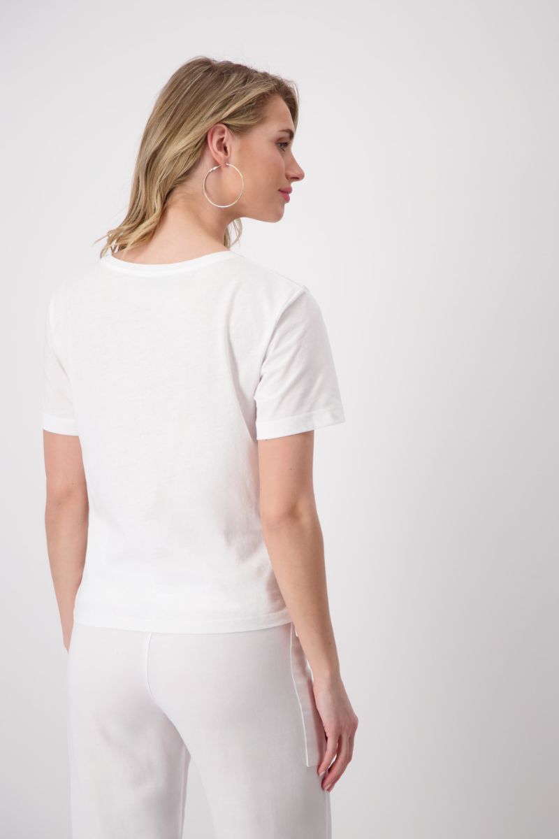 Woman wearing Monari 408838 White Floral Sketch T-Shirt back view