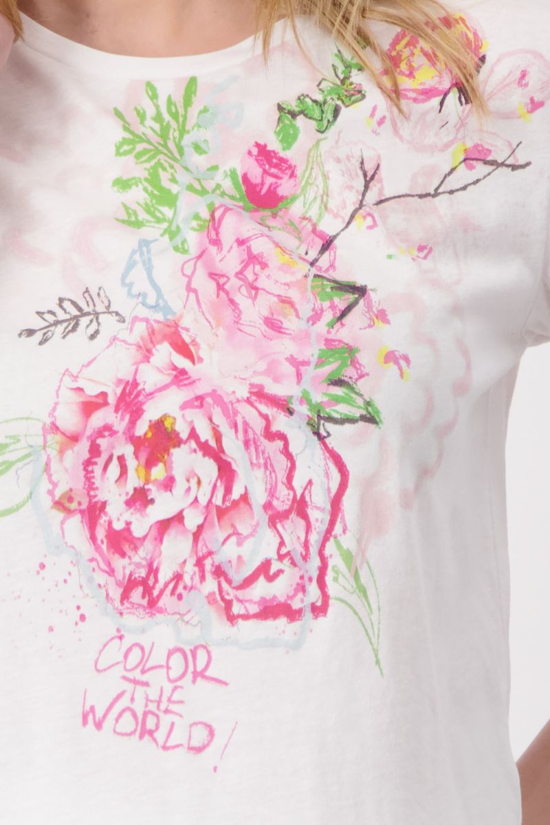 Woman wearing Monari 408838 White Floral Sketch T-Shirt floral print detail