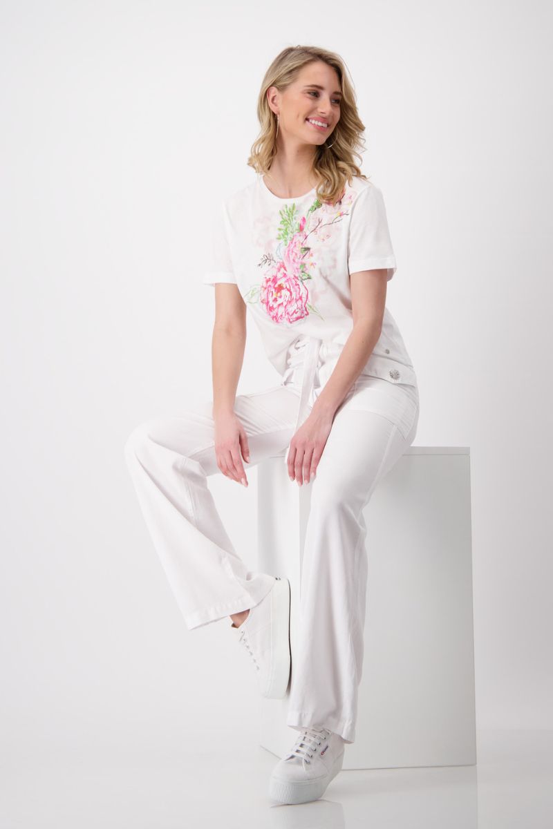 Woman wearing Monari 408838 White Floral Sketch T-Shirt neckline detail