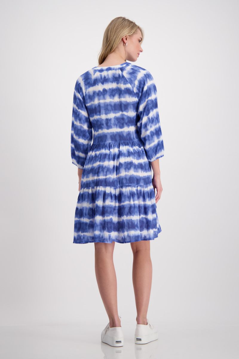 Woman wearing Monari 408856 Denim Blue Batik Stripe Dress back view