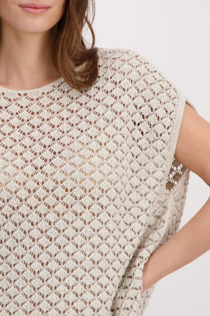 Ajour Knit Sweater with Mini Gemstones in Off Sand by Monari in 34 / Sand
