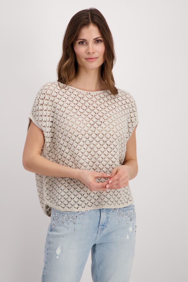 Ajour Knit Sweater with Mini Gemstones in Off Sand by Monari