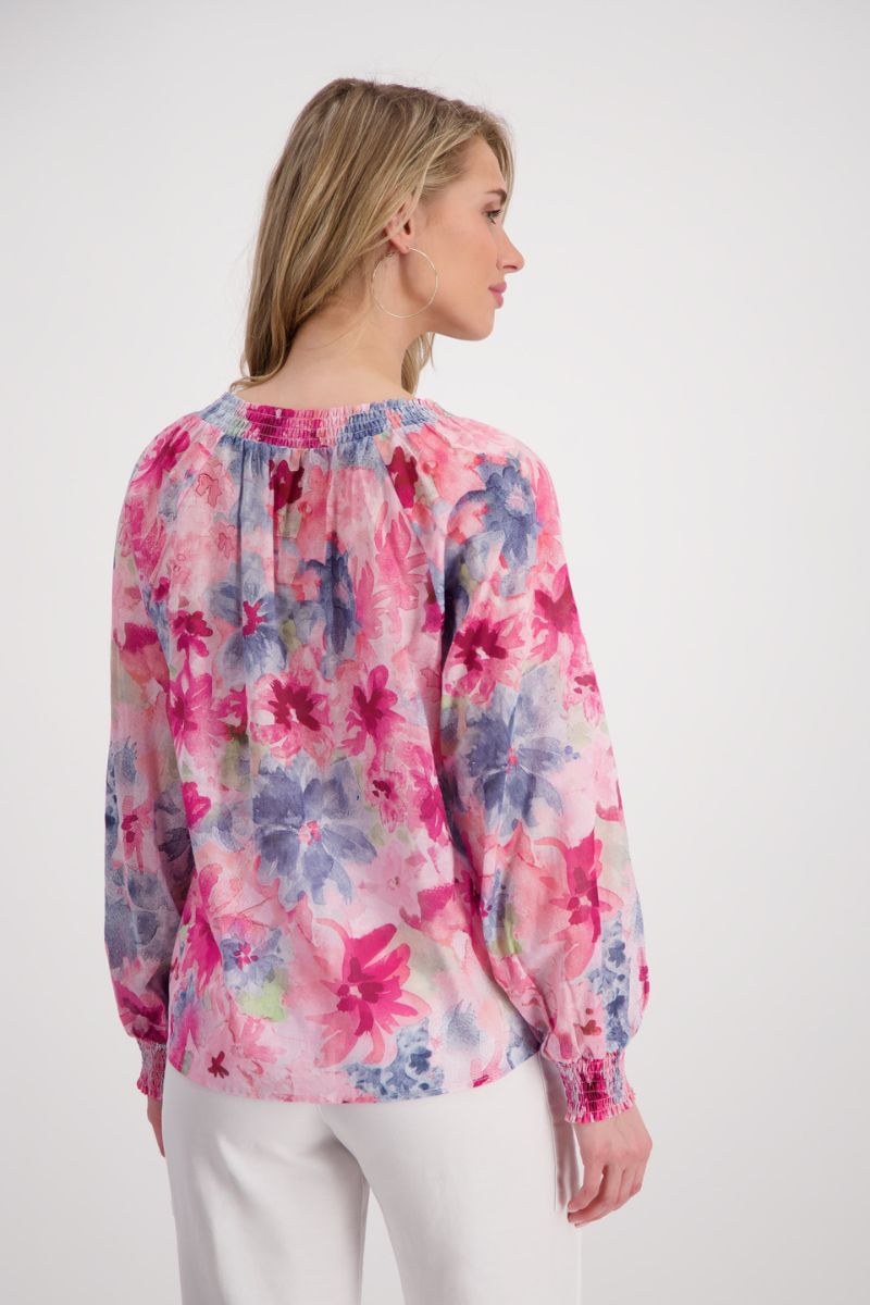 Woman wearing Monari 408917 Pink Floral Cotton Blouse back view