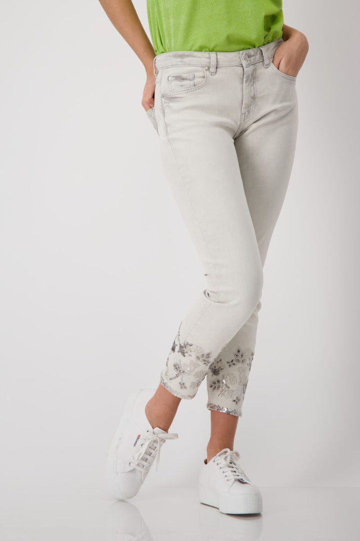 Embroidered Denim Jeans in Marble by Monari in 38 / Sand