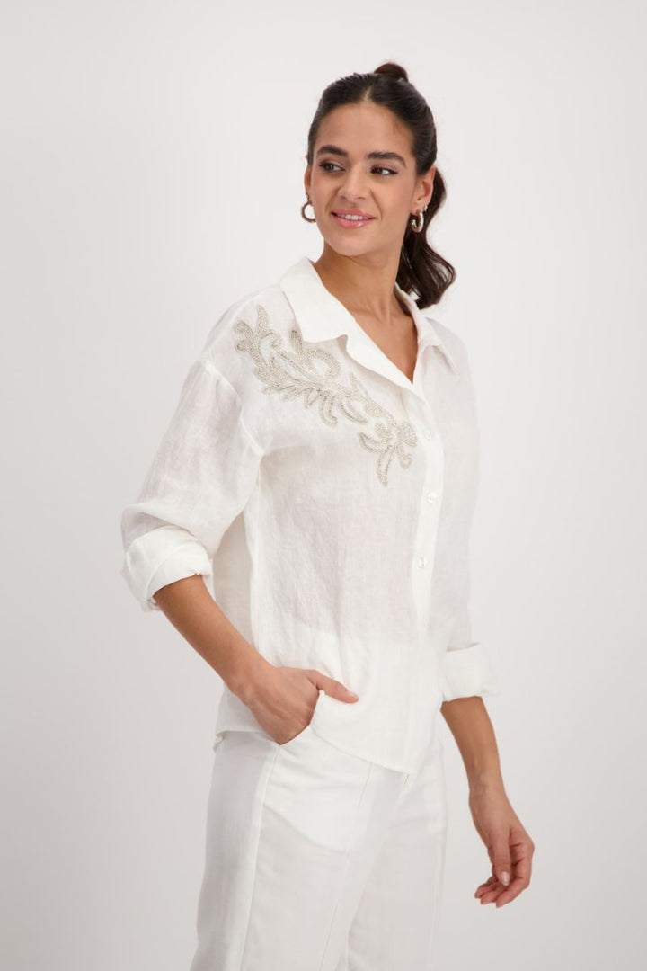 Embellished Linen Blouse in White by Monari in 36 / White