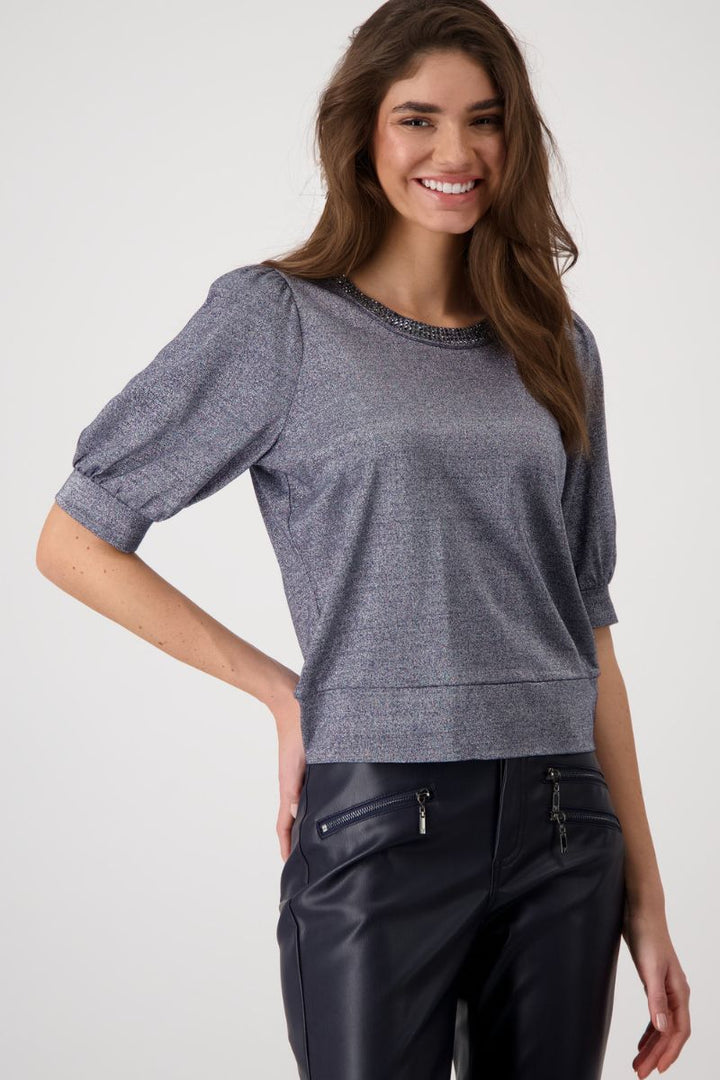 Viscose Lurex Embellished T-Shirt in Deep Ocean by Monari in 34 / Gray