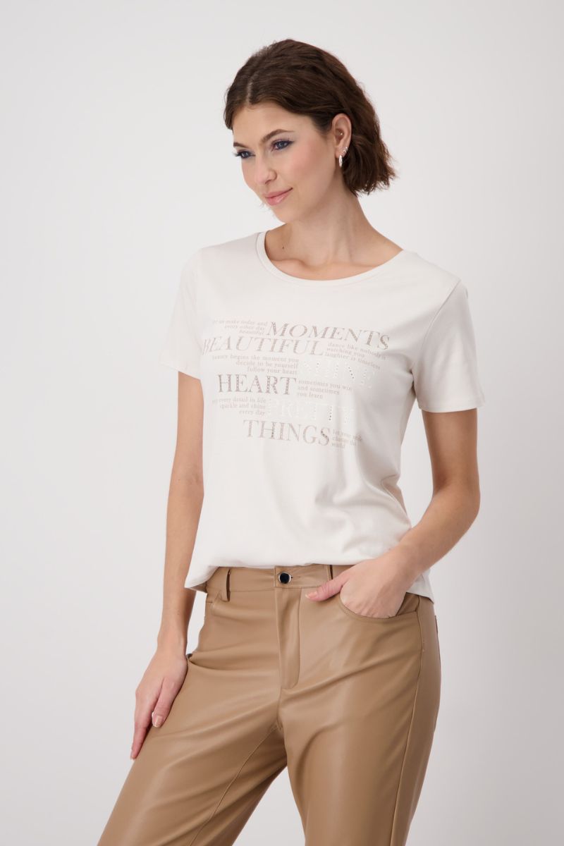 Cotton Script Rhinestone T-Shirt in Cream by Monari