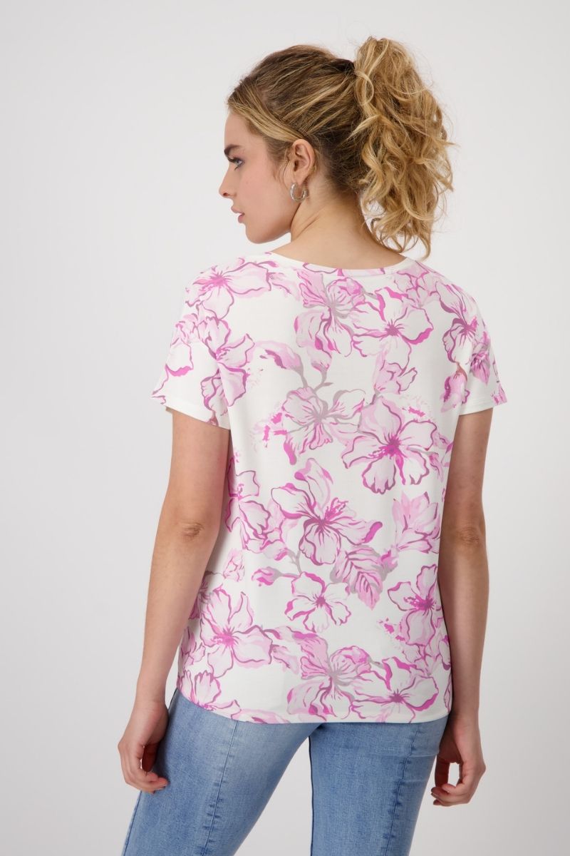 Woman wearing Monari 409133MNR Floral Stretch T-Shirt in PInk floral back view