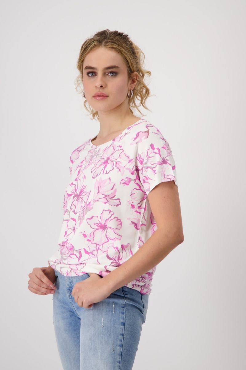 Woman wearing Monari 409133MNR Floral Stretch T-Shirt side view in Pink floral