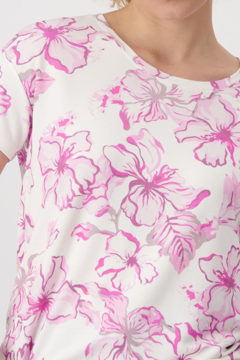 Woman wearing Monari 409133MNR Floral Stretch T-Shirt fabric close-up in pink floral