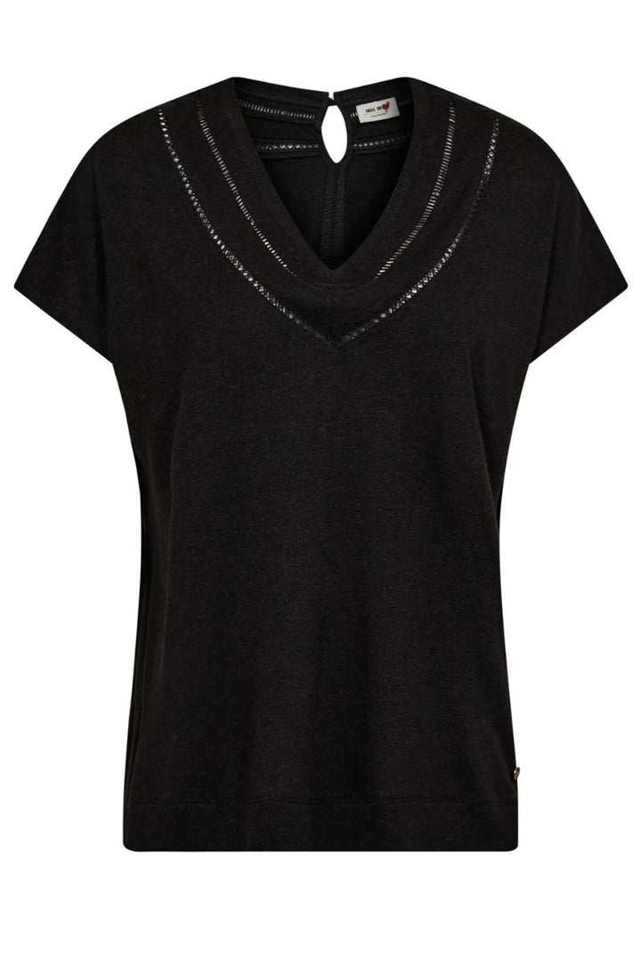 V-Neck T-Shirt with Cut-Out Detail in Black by Mos Mosh in XS / Black