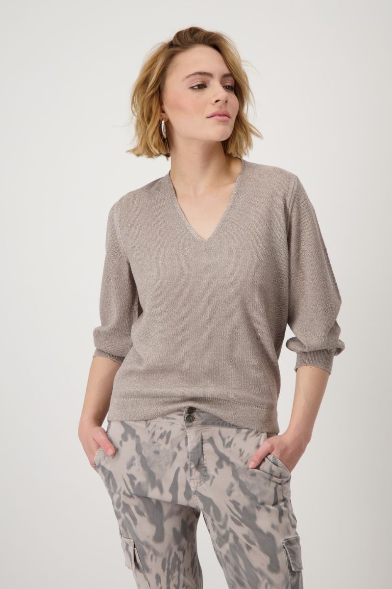 Woman wearing Monari 409248MNR rice grain lurex jumper styled outfit view in dark linen