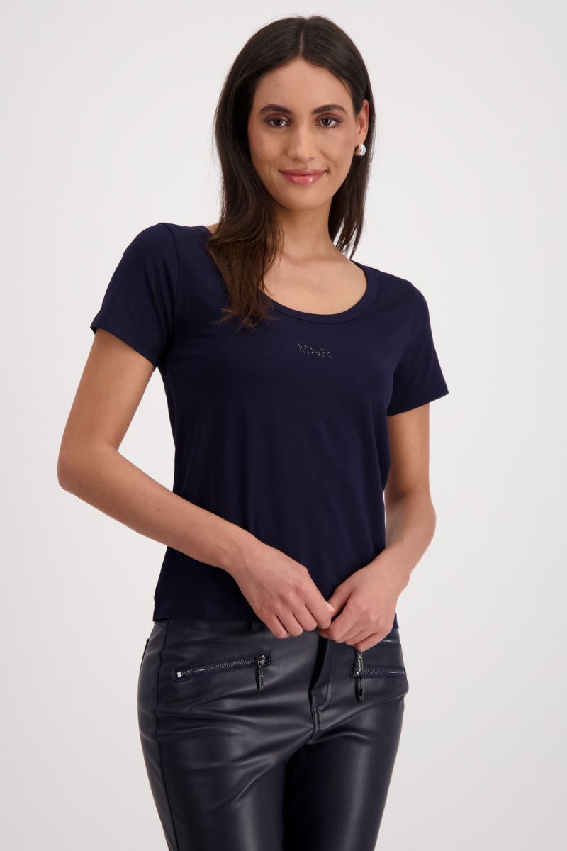 Rhinestone MNR Script T-Shirt in Deep Ocean by Monari