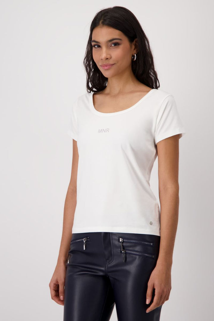 Rhinestone MNR Script T-Shirt in White by Monari in 34 / White