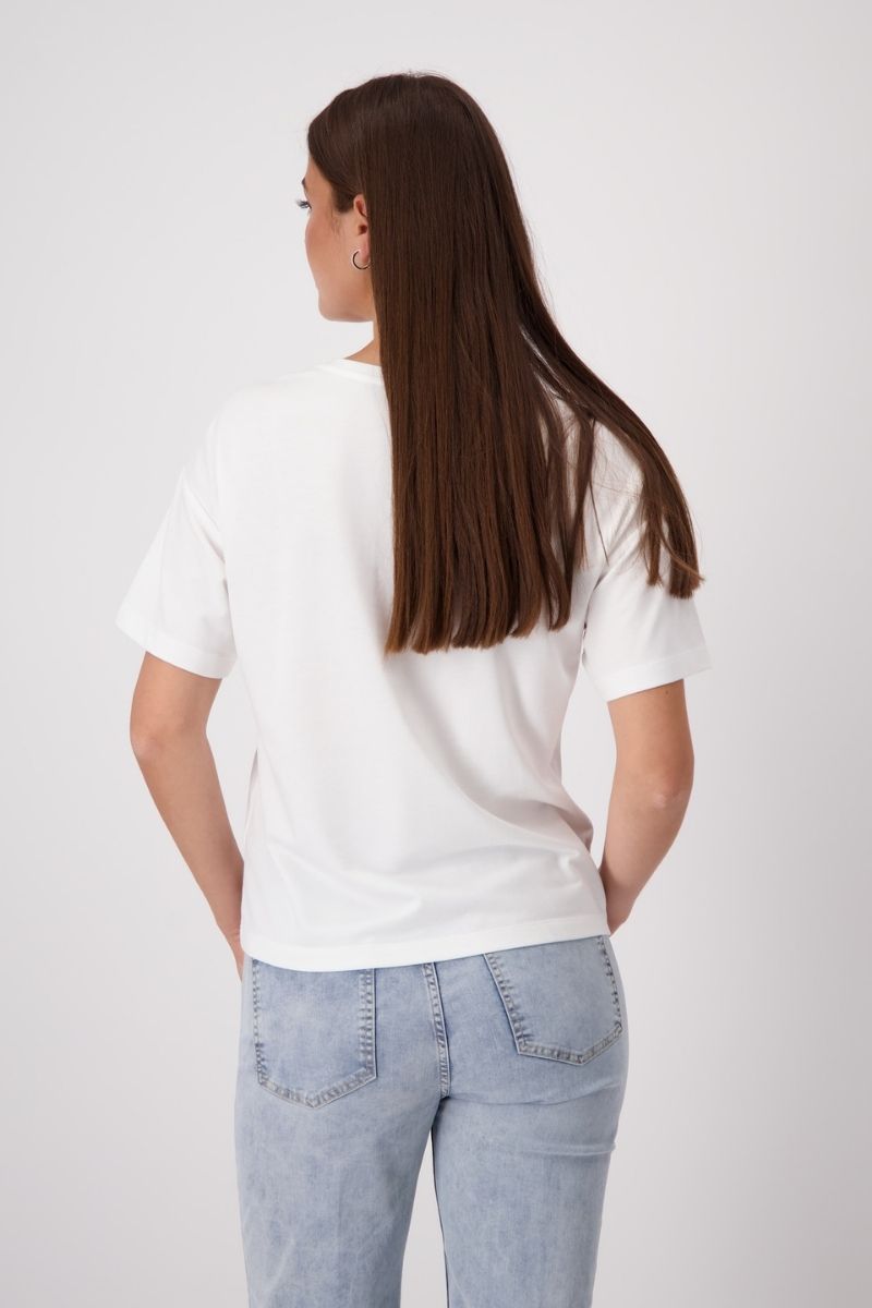 Woman wearing Monari 409430MNR Cassette Print T-Shirt in Off White back view