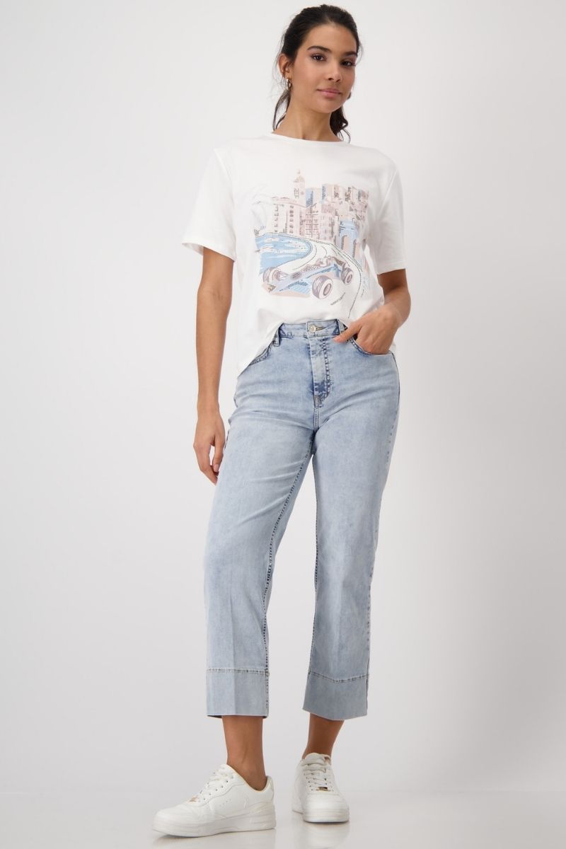 Woman wearing Monari 409432MNR Monaco Print T-Shirt styled outfit view in Off White