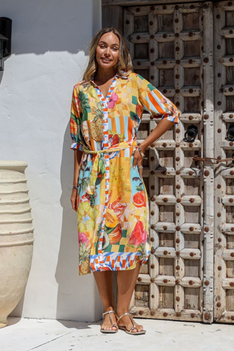 Woman wearing Joop & Gypsy 6058 Multi Colour Button Through Dress front view