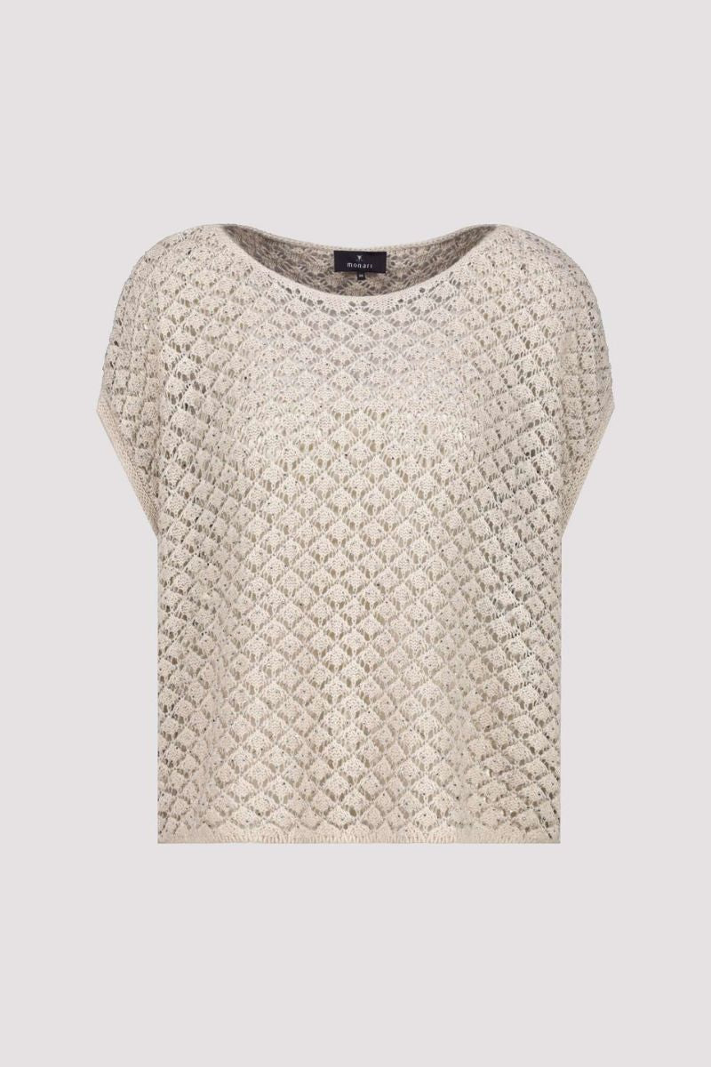 Ajour Knit Sweater with Mini Gemstones in Off Sand by Monari