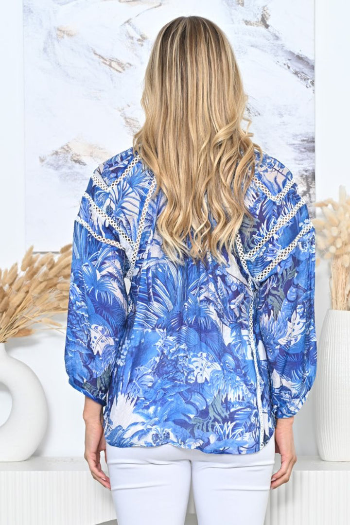 Weekends The Aimee Blouse in Blue print with Stunning detail in 14 / Blue