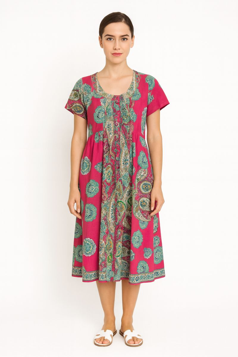 Fuschia Motif Cotton Button-Through Dress by St Lori
