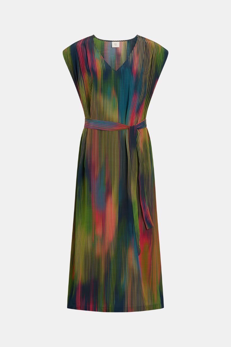 Ghost image of Multicolored dress with a belt on a white background
