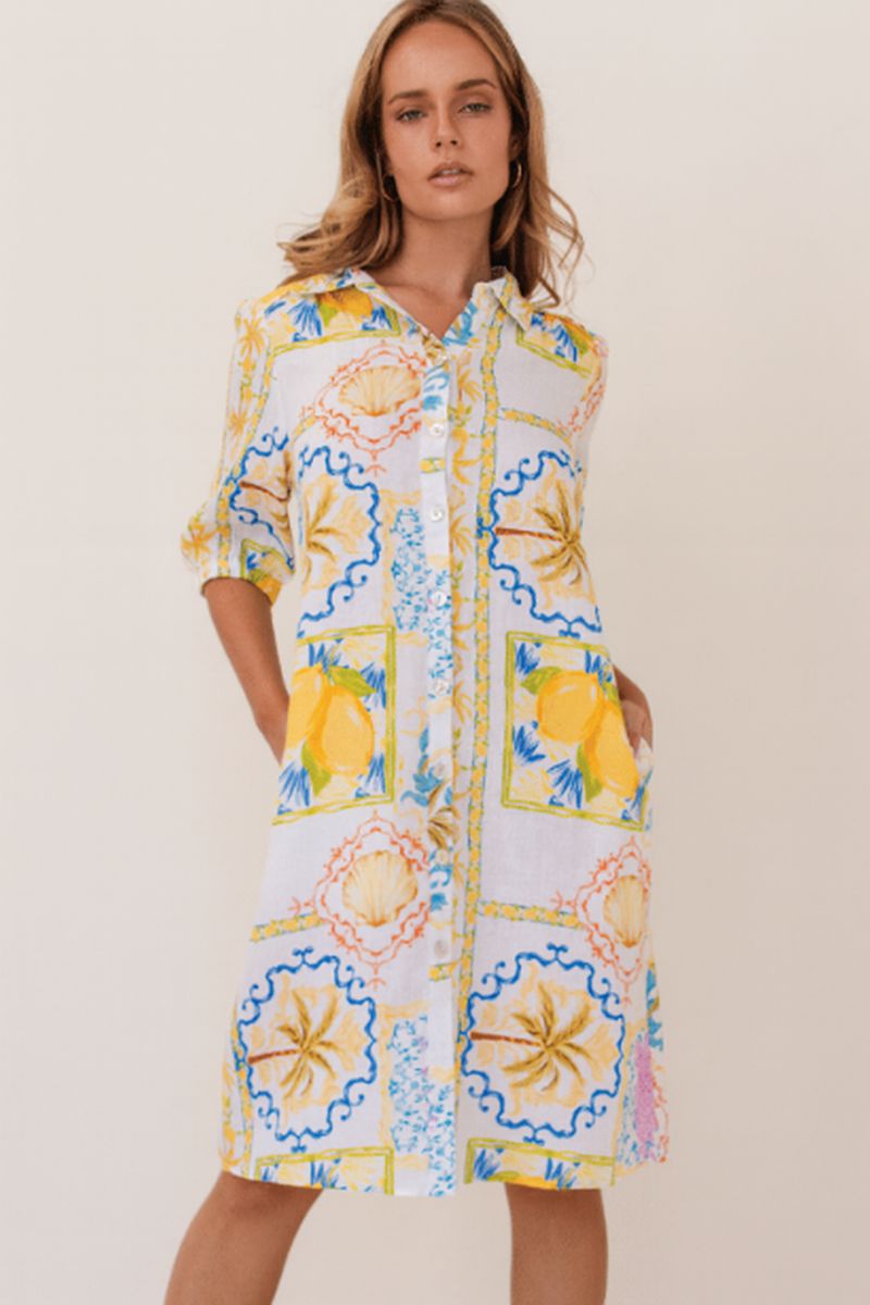 Amalfi Dreams Linen Shirt Maker Dress by Kaleido for See Saw