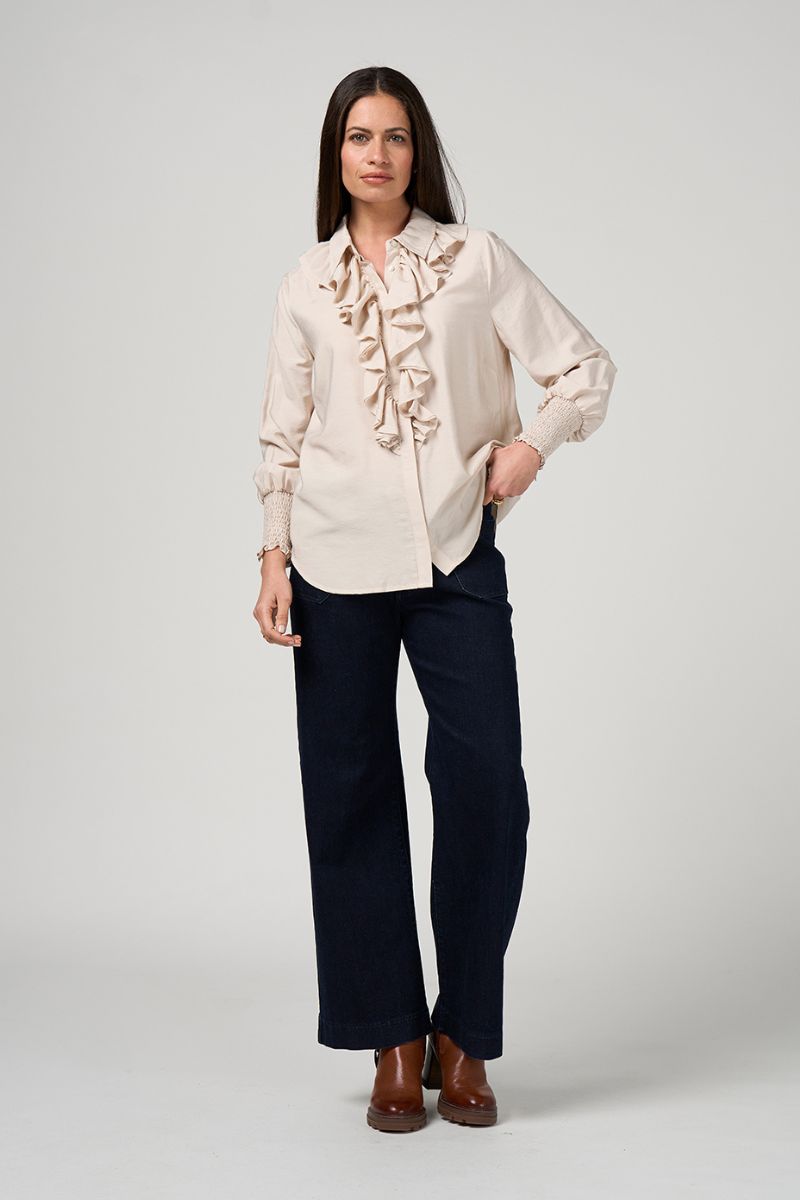 Woman wearing Bijou Shirt in Silk White by Loobie’s Story LS3270 styled with tailoring