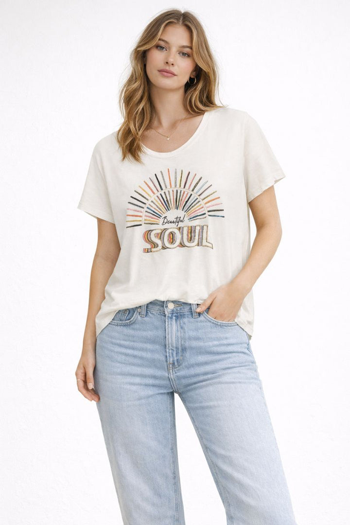 Beautiful Soul Sequin Graphic T-Shirt in Cream by Mos Mosh in XS / Cream