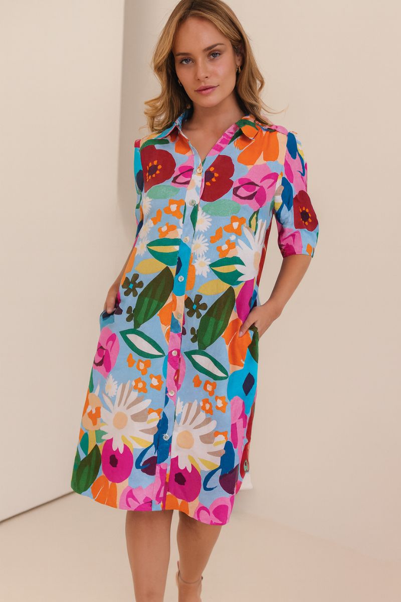 Bloom Burst 3/4 sleeve Linen Shirt Dress by Kaleido for See Saw