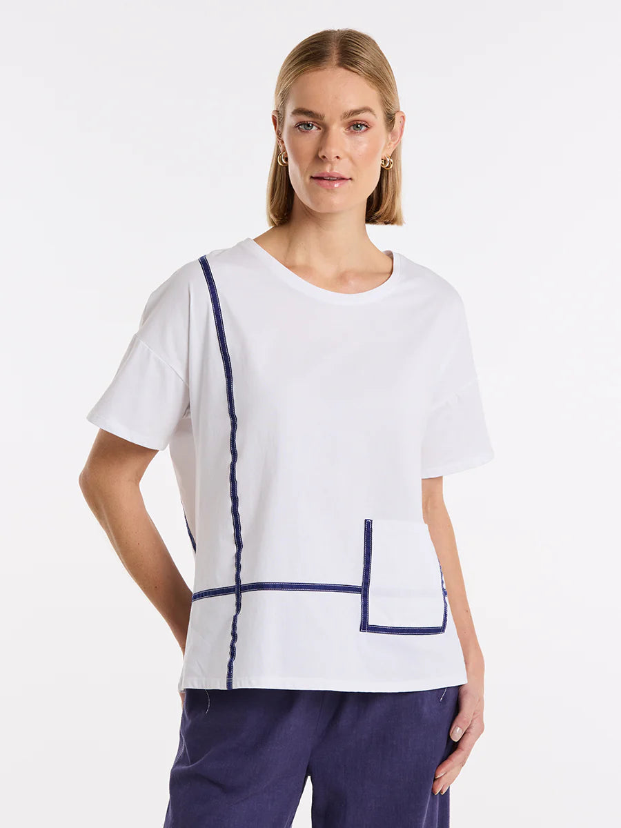 Boxy Tape Trim Tee YTMS57477 in White by Marco Polo - front