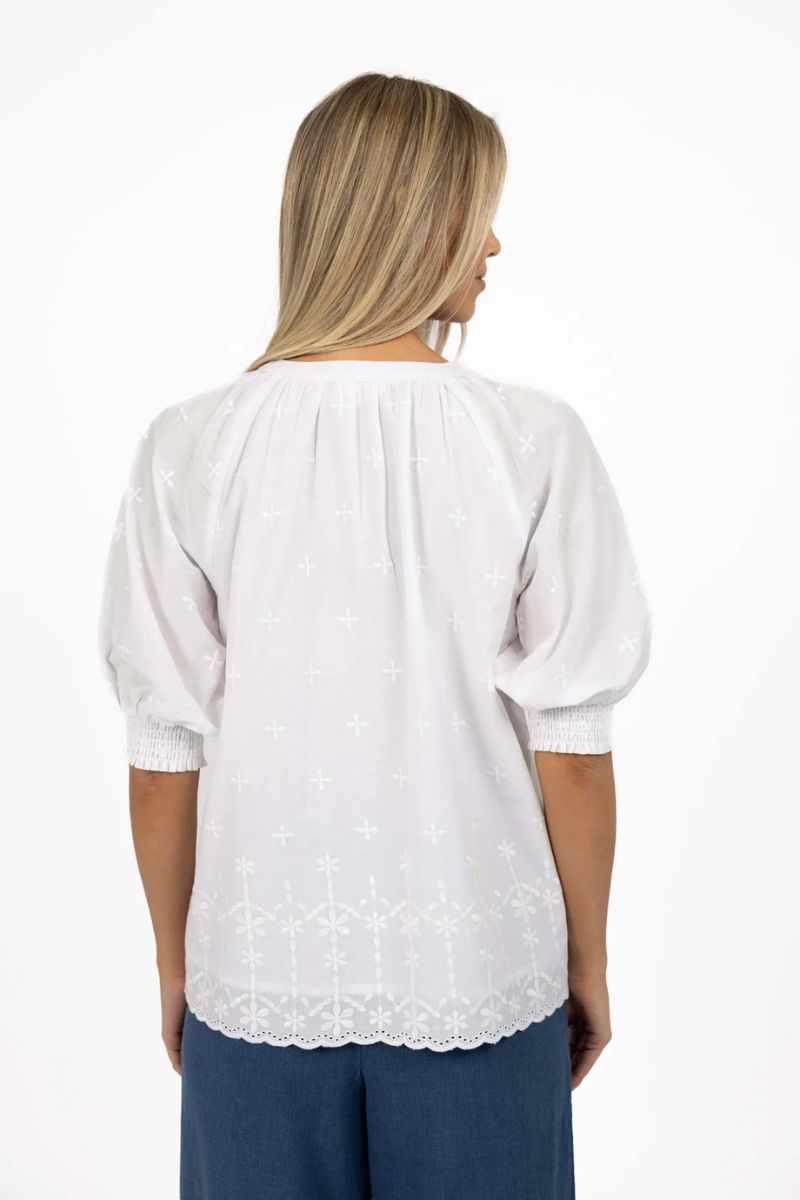 Woman wearing Humidity Lifestyle HS25306 Chloe Blouse White back view