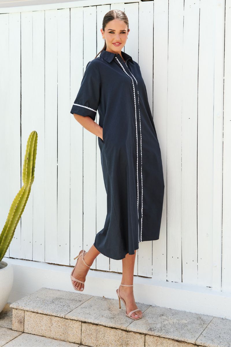 Woman wearing Frida Dress Midnight Bliss side view