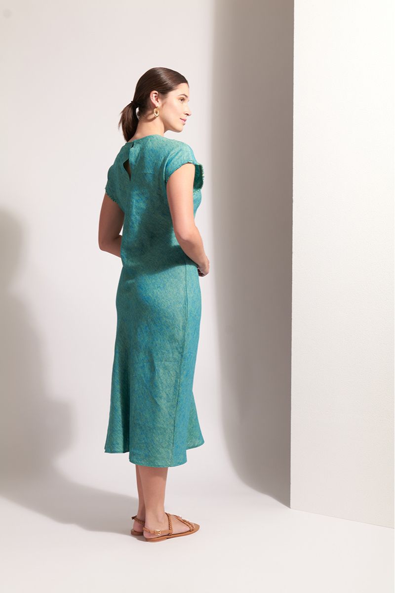 Woman Wearing Cutting Edge Dress in Spearmint by Foil Clothing with Scooped neck and Short Sleeves - Back View