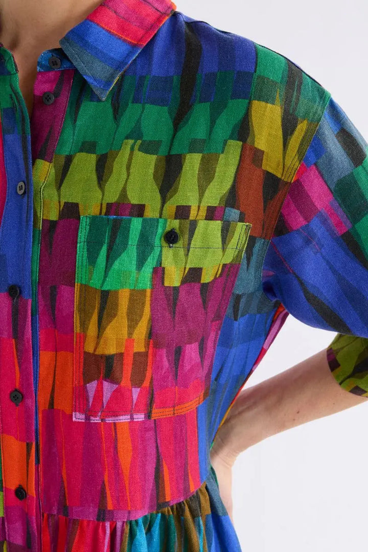 Close up view of Linen colourful Elk dress