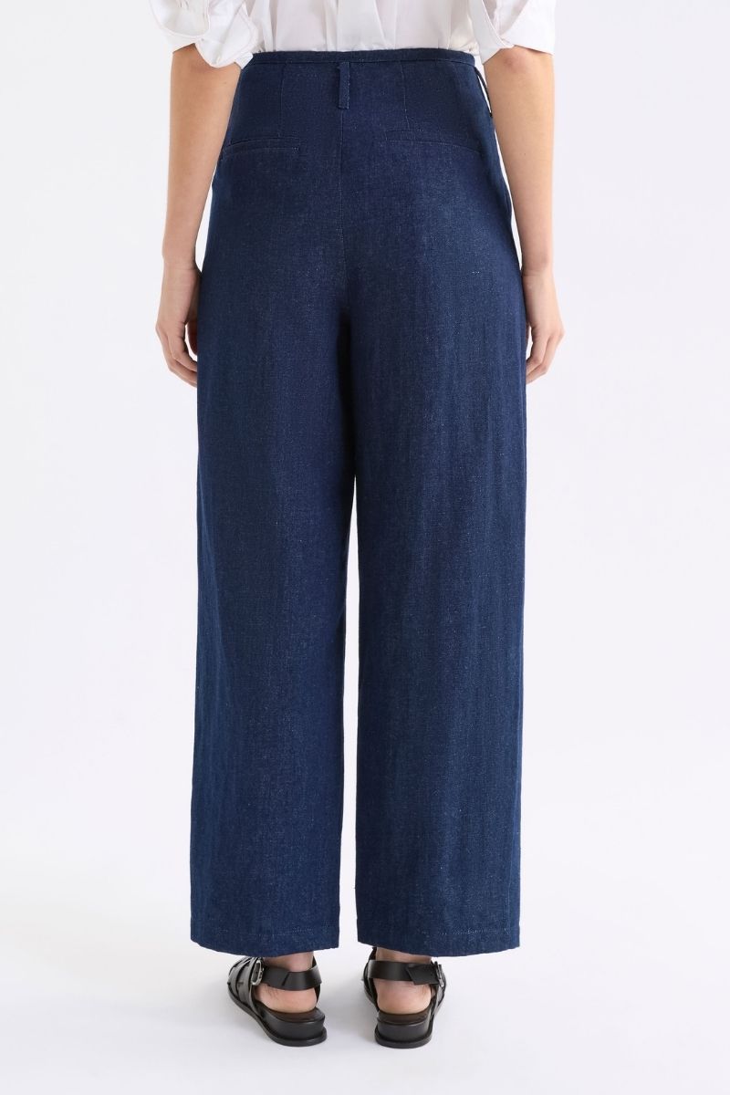 Back view of Navy blue wide-leg pants worn by a person on a white background