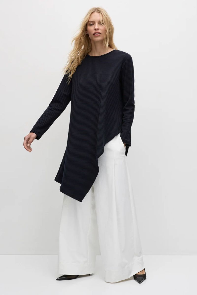 Front view model in Veil sweater navy