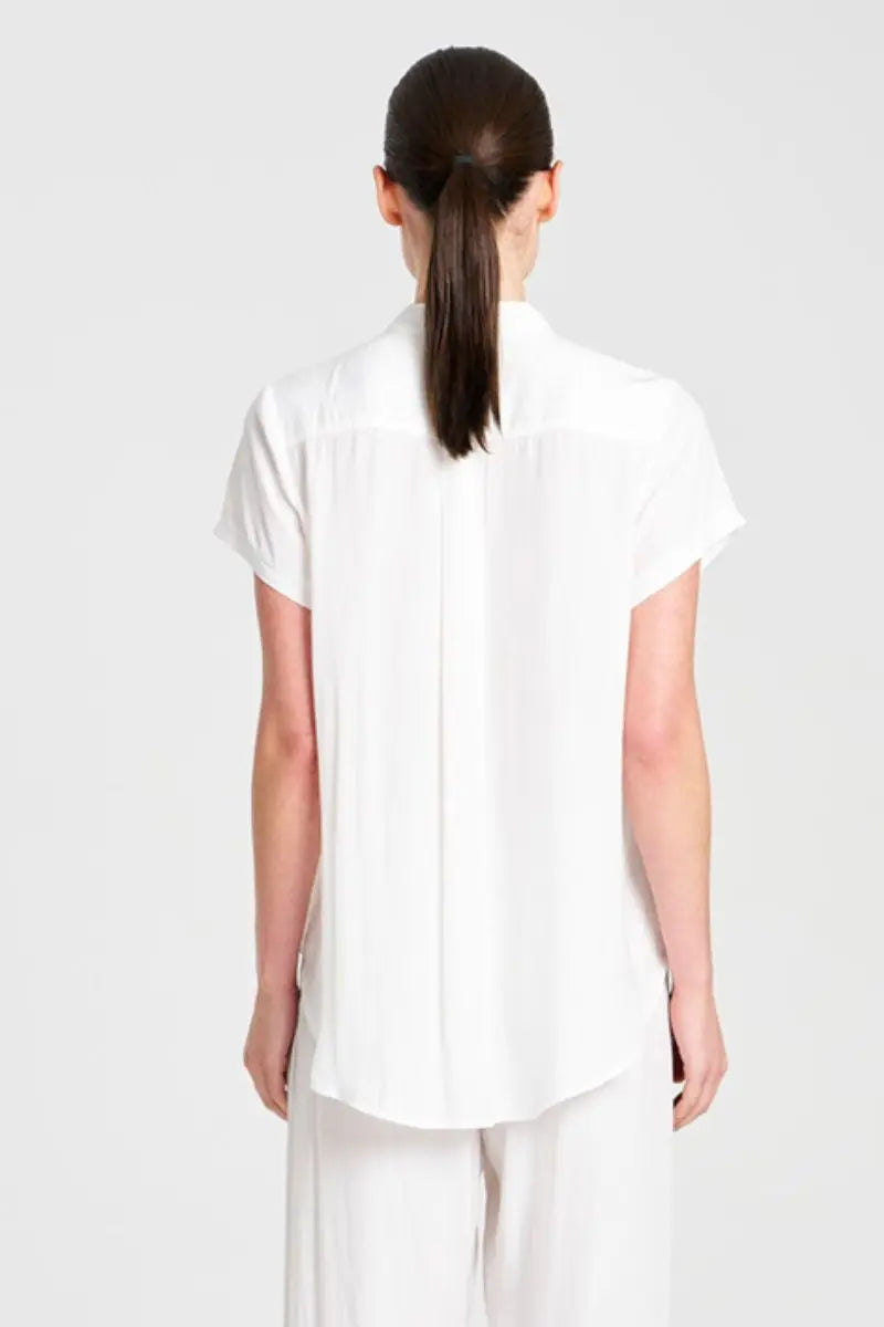 Woman wearing Mela Purdie F67 8629 Soft Stand Shirt in White back view