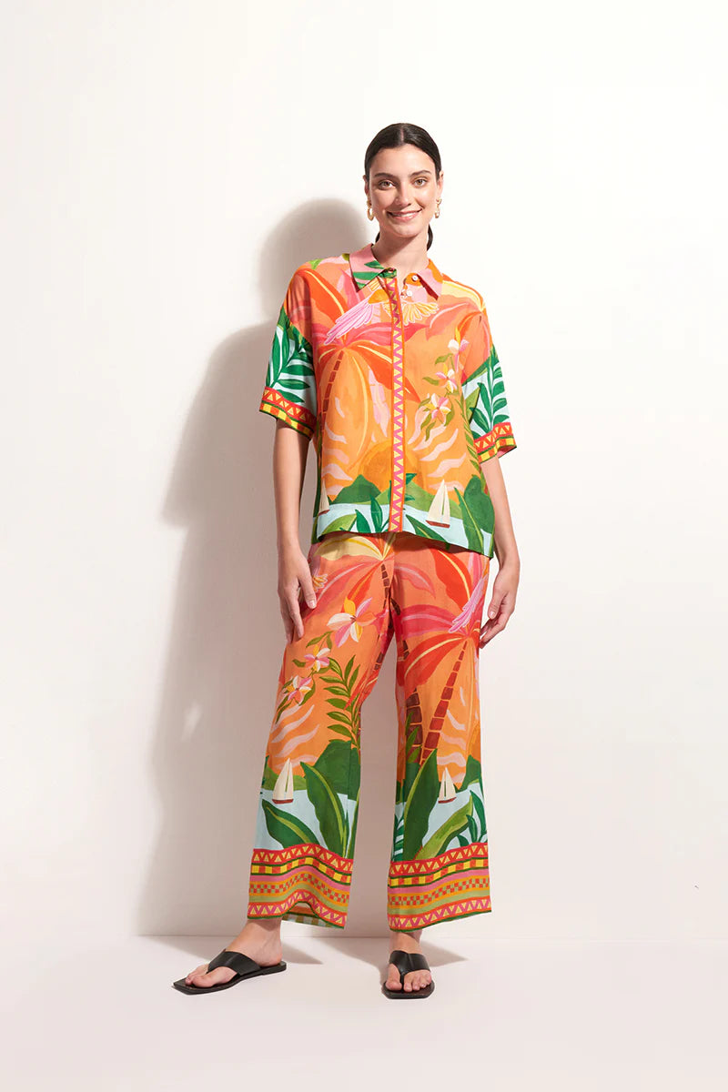 Woman wearing Foil Box of Tricks Top in Sunkist Print FO8291
