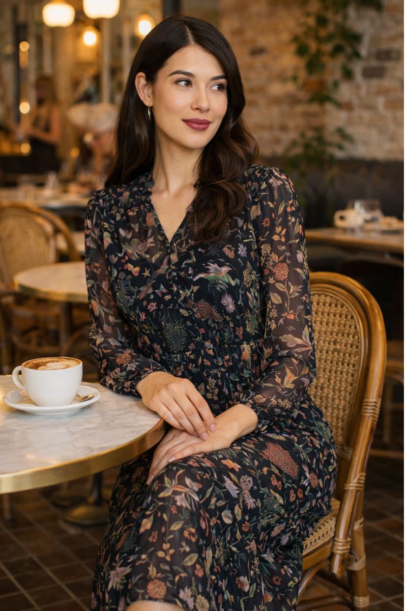 Woman wearing Tinder Twirl Dress in Narnia with a black background and multi pattern by FOIL FO8515 Cafe Scene