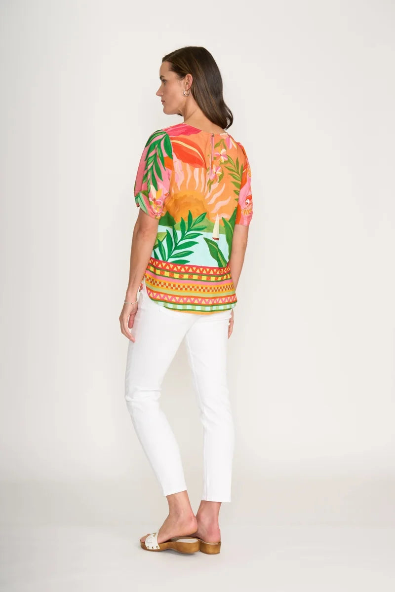Rear view of woman wearing Foil Podium Top in Sunkissed Print FO8277
