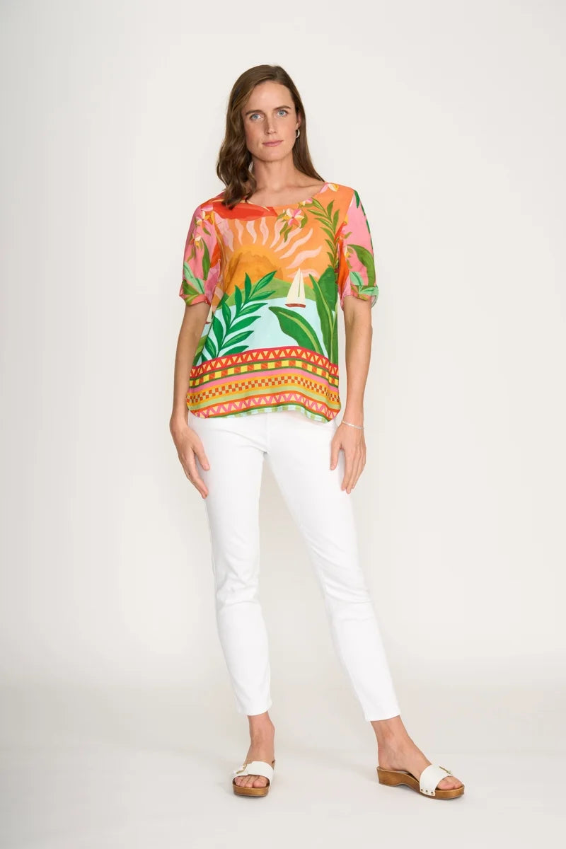 Woman wearing Foil Podium Top in Sunkissed Print FO8277