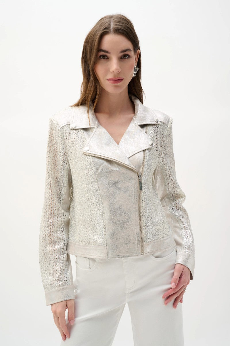 Woman wearing Joseph Ribkoff 262902 Faux Suede Foiled Knit Moto Jacket in Champagne/Silver front view