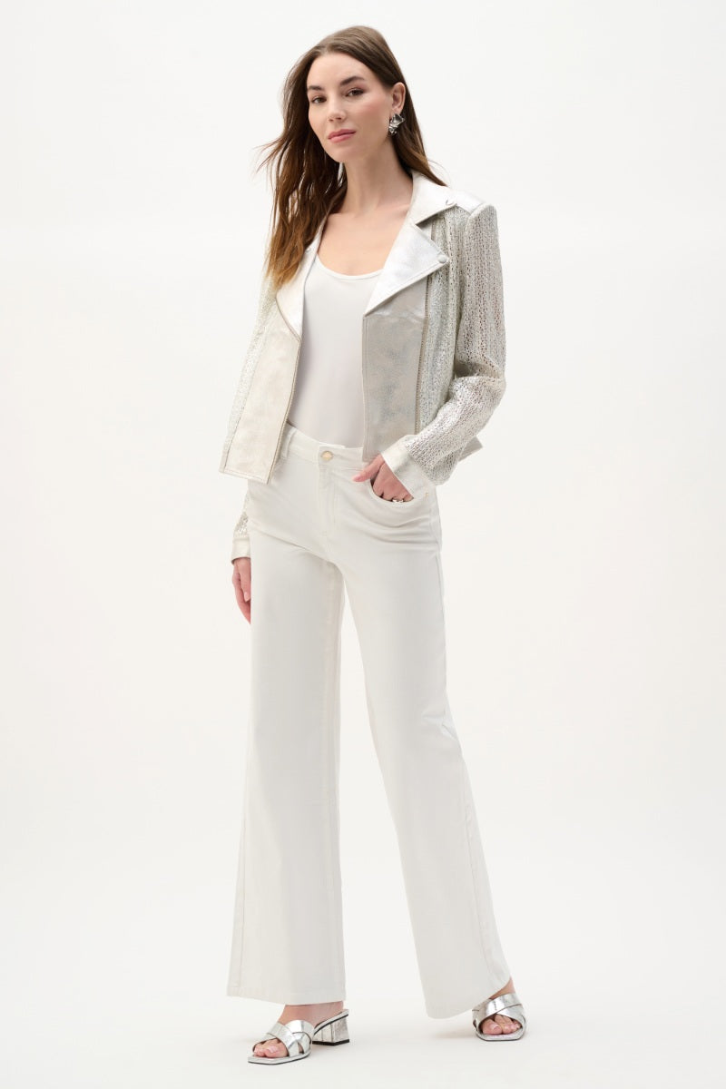 Woman wearing Joseph Ribkoff 262902 Faux Suede Foiled Knit Moto Jacket styled outfit view in Champagne/Silver