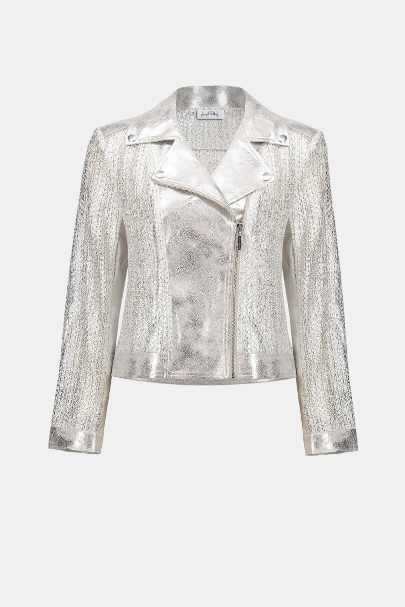 Woman wearing Joseph Ribkoff 262902 Faux Suede Foiled Knit Moto Jacket in Champagne/Silver