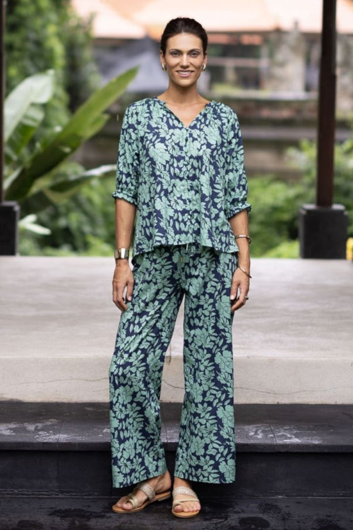 Fleur Blouse in Mint and Navy by Humidity Lifestyle in XS / mint_navy