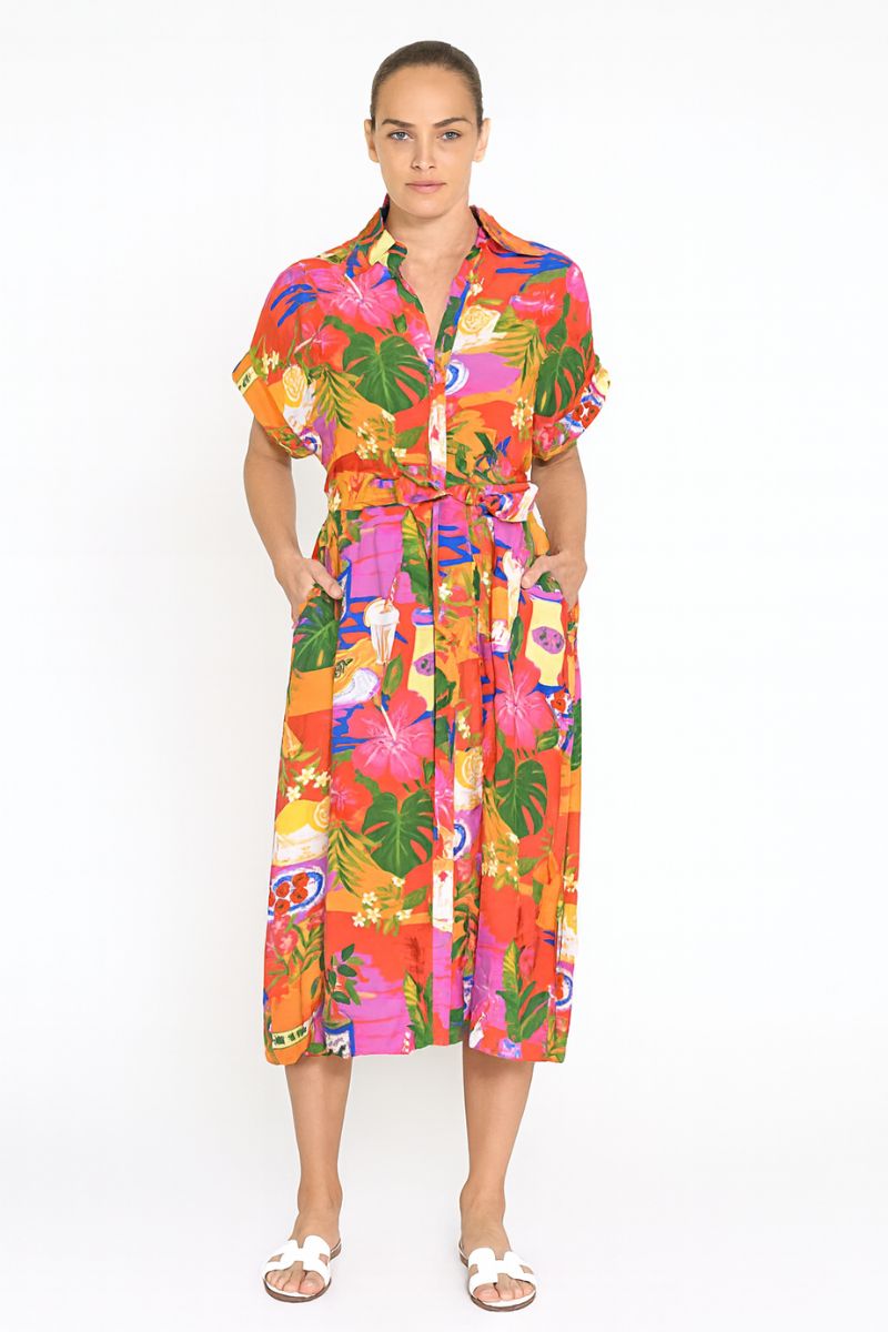 Red Tropical Print Midi Dress